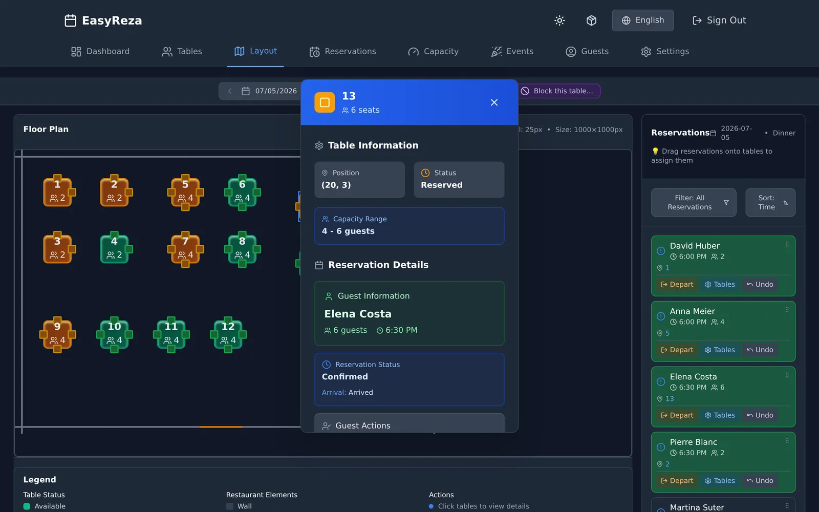 Interactive floor plan with tables, bar and live reservation statuses